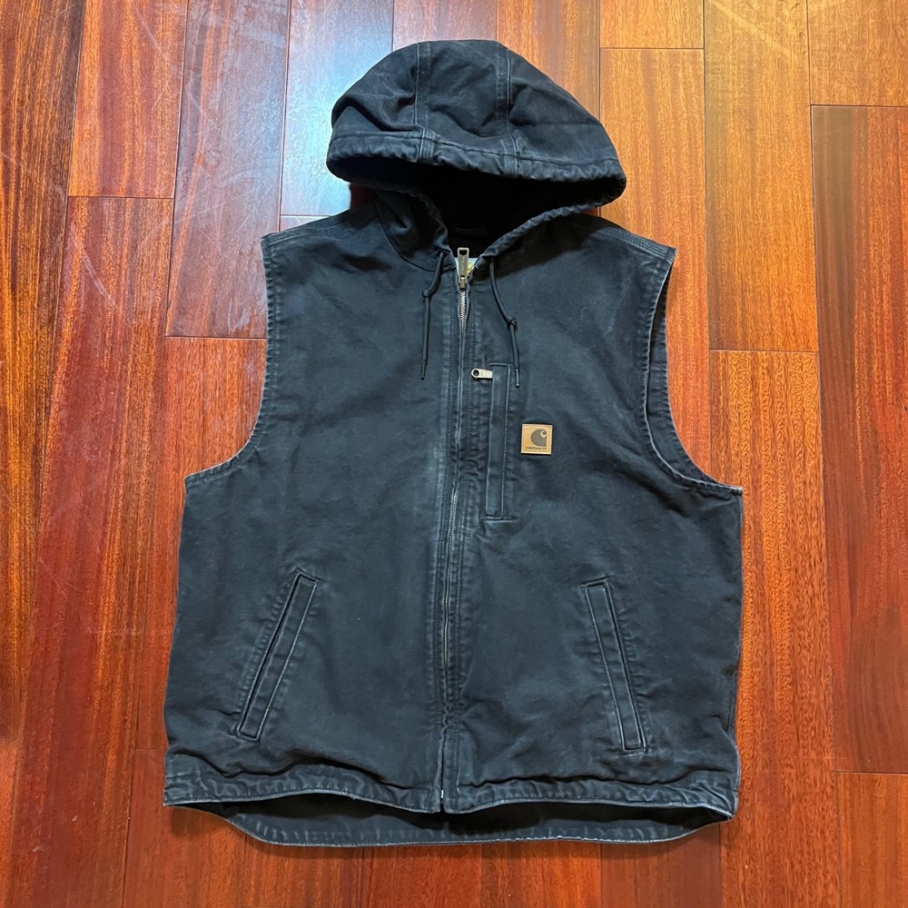 Carhartt Hooded Vest Mens L Regular Fit Black Canvas Utility Workwear 101687-001